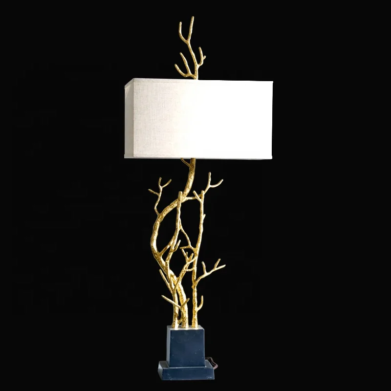 Creative brass desk light for home with black marble base and white shade led lamp vintage tree branch table lamps home decor