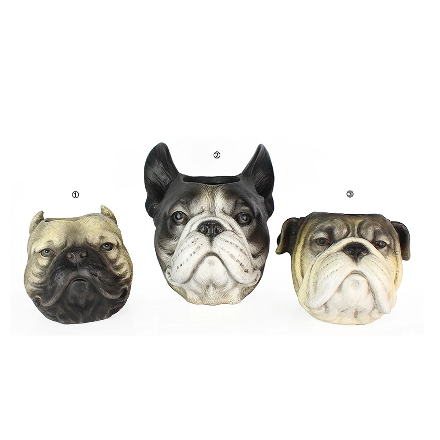 High quality  hot selling cute polyresin bull dog head sculpture flower pot  home accessories details