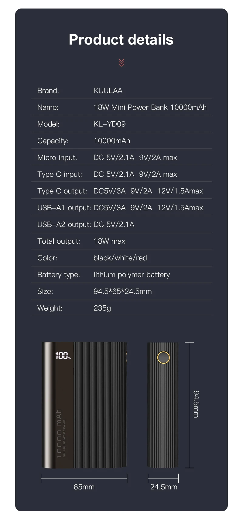 Kuulaa Output Power Bank New Mini Energycell 18W Fast Charge 5V/3A 10000mah for Iphone Samsung Galaxy Etc Portable High Capacity - ANKUX.COM
