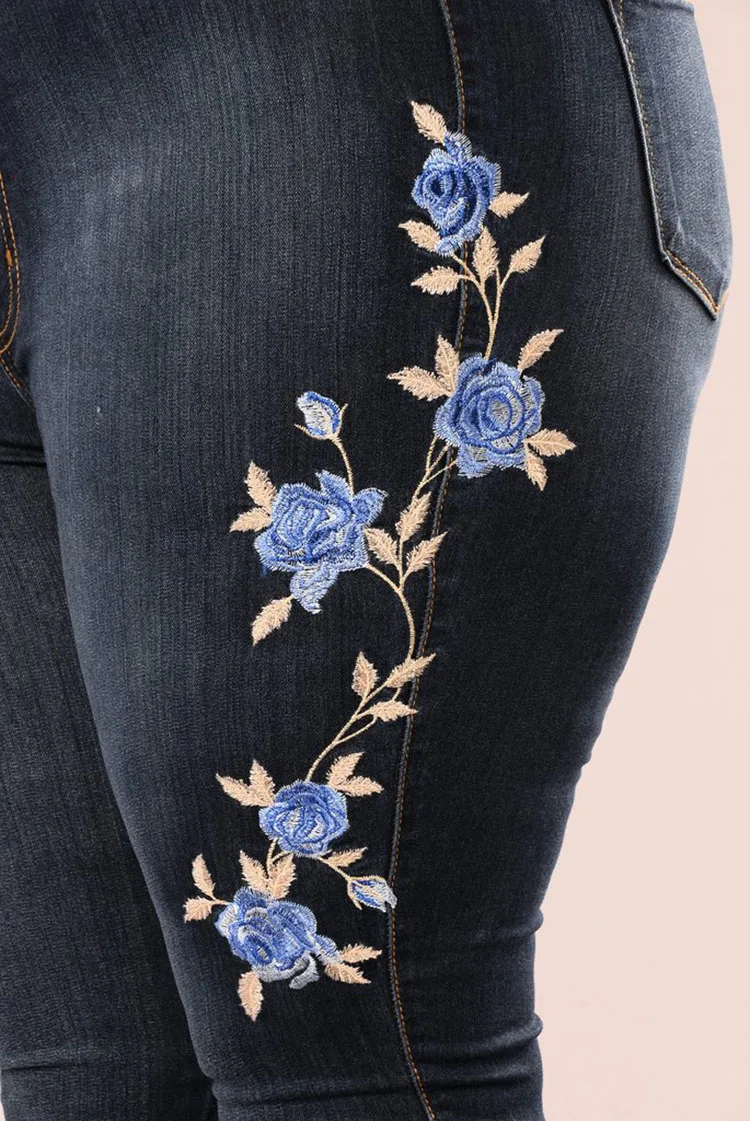 Pantalones Vaqueros De Cintura Alta Para Mujer,Vaqueros Ajustados Con Flores  Bordadas En La Pierna,Color Azul - Buy Las Mujeres Pantalones Vaqueros  Azul,Nuevas Llegadas Moda Denim Jeans,De Mujeres Jeans Product on  