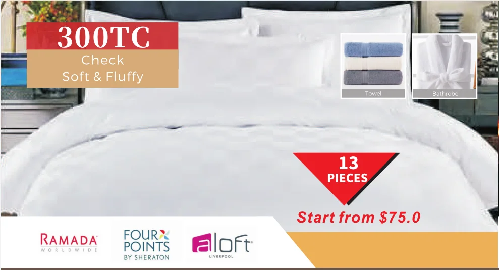 100% Cotton 300TC 9cm Check Soft Duvet Cover Set Hotel Luxury Bed Sheets 13 Pcs Linen Set