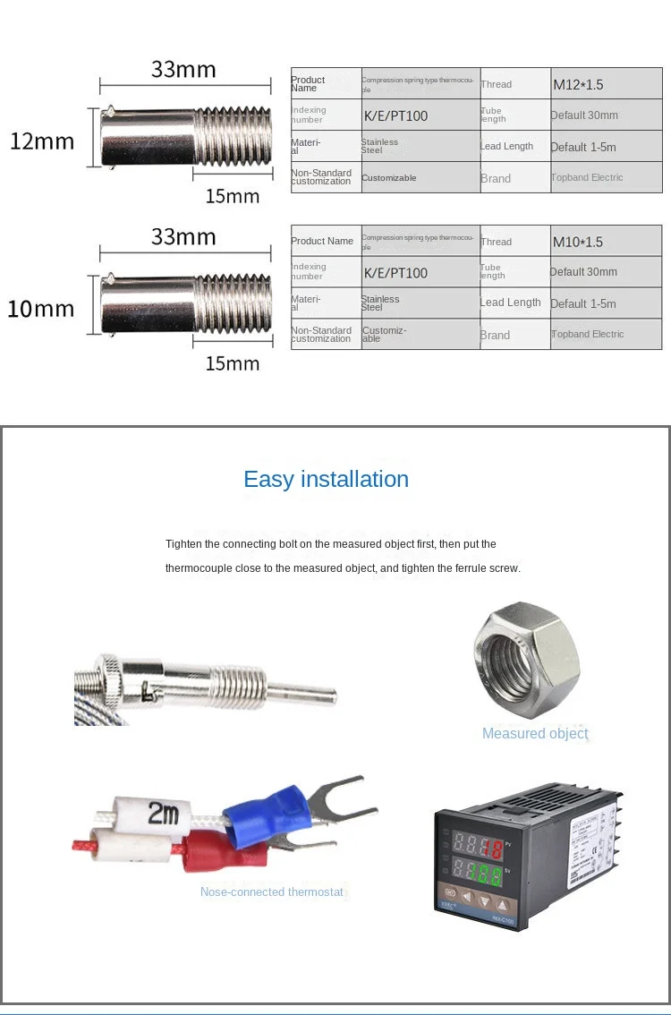 Spring-type Standard M12*1.5 High-temperature Copper Thermocouple Injection Molding Machines K/E/PT Type Temperature Sensor manufacture