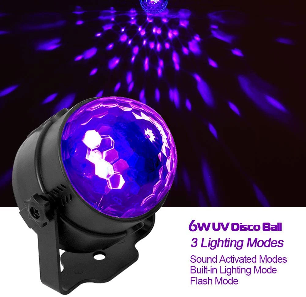Black Light 6W UV Disco Ball LED black Party Lights Sound Activated with Remote Control, 7 Modes Stage Par Light