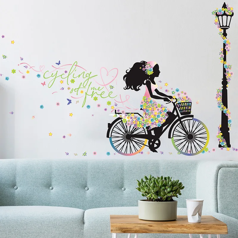 Bicycle Girl Street Lamp Flower Wall Sticker For Bedroom Porch Living Room  Home Wall Decoration Wallpaper Wall Decal - Buy Bicycle Girl Street Lamp  Flower Wall Sticker,Wall Sticker For Bedroom Porch Living