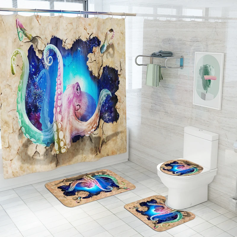 octopus waterproof polyester fabric 4 piece bathroom rug mat and shower curtain sets