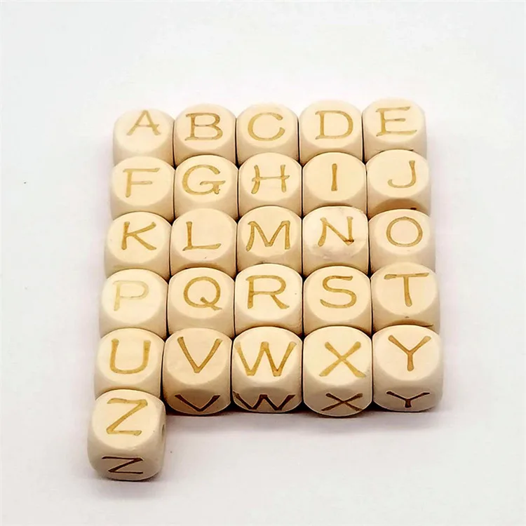 12Mm Diy Bpa Free Food Grade Custom Number English Russian Alphabet Square Wooden Chewing Baby Teething Beech Wood Letter Beads