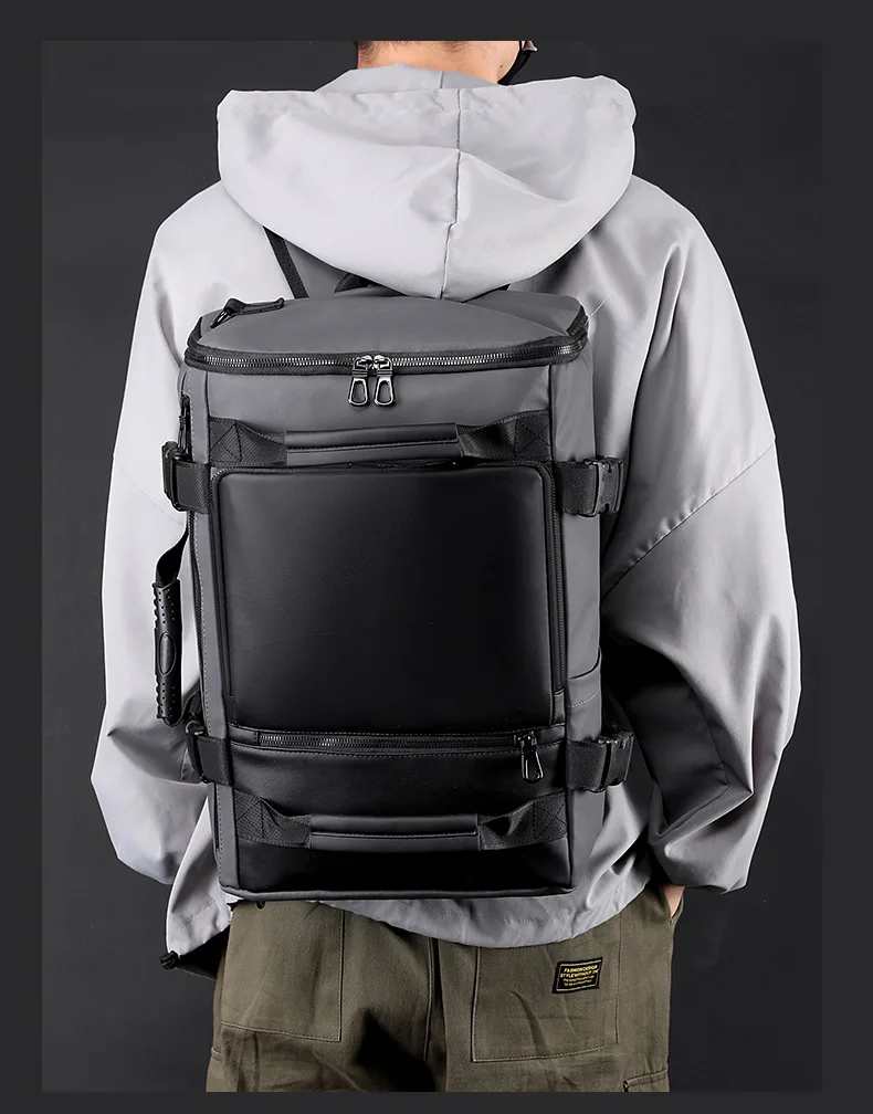 Men's Large Capacity Waterproof GPS Backpack Multifunctional PU Laptop Bag Zipper Handheld Business Travel Crossbody Polyester