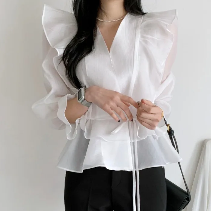 Wholesale Spring And Summer New 2022 V-neck Tie Ruffled Flared Sleeve ...