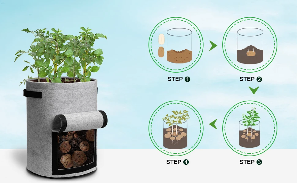 A-ONE Eco-friendly 4-Pack 10-Gallon 3mm Thick Black Gray Flap Potato Plant Fiber Grow Bags Harvest Window Tomatoes Vegetables factory