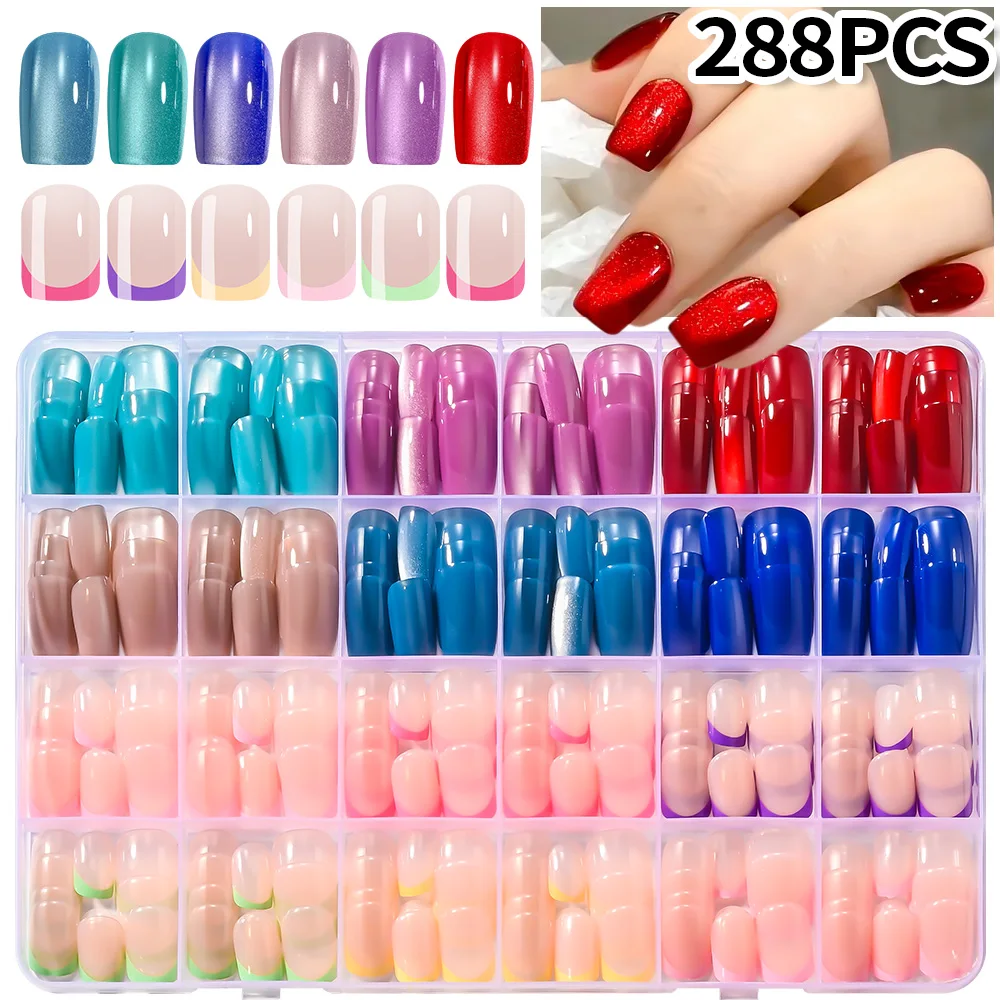 288Pcs Short Square Cat Eyes Acrylic Nail Tips Press on Nails 24Grids ...