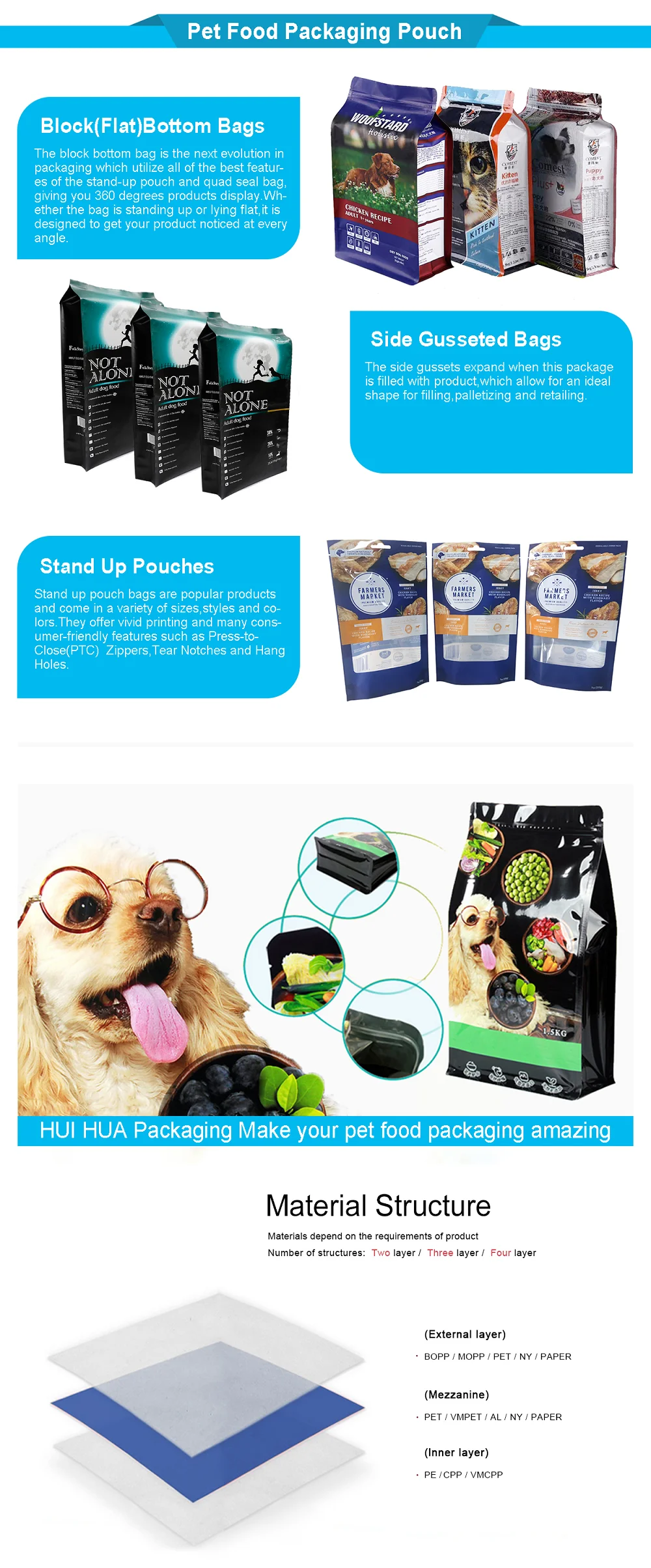 product-Huihua-Food Grade Box Bottom Pet Feed Food Treats Chews Packaging Pouch with Tear-off Ziploc