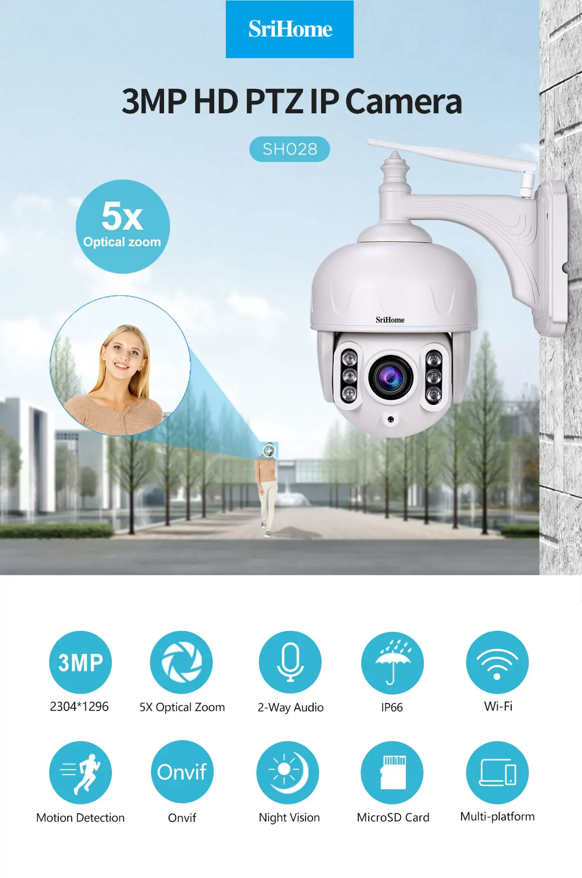 SriHome 5x Optical Zoom Waterproof Wireless Security Outdoor 1080P Camera with Night Vision Speed Dome PTZ  IP Camera
