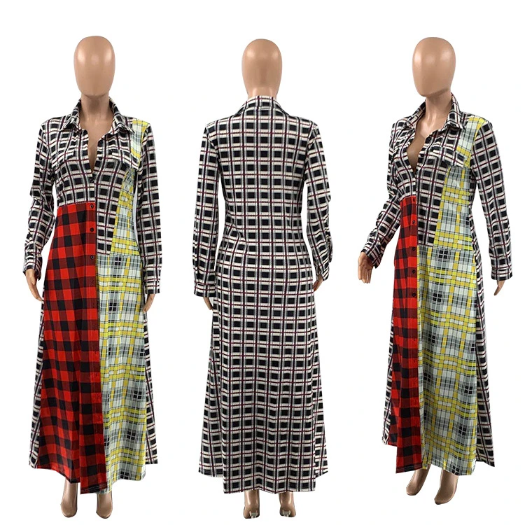 Good Design Sleeves New Lovely Women Fashion Clothing Plaid Maxi Dresses Woman Casual Long Dress