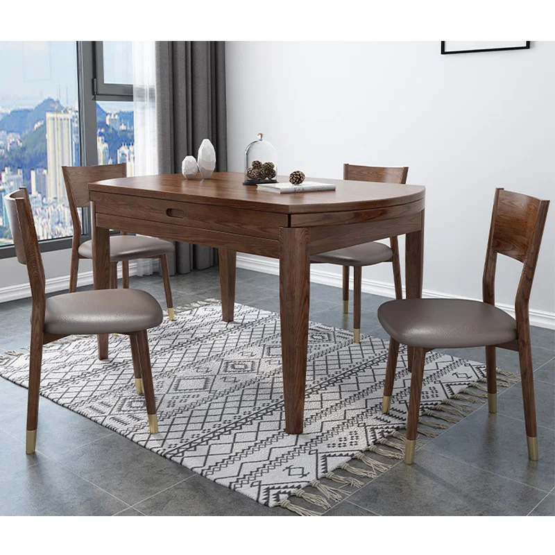 product-New style elegant fancy space saving expandable extension round dinner table wood dining roo-2