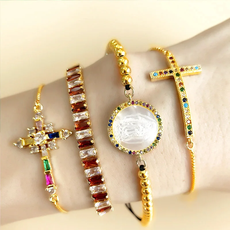 Fashion 18k gold plated cross charm bracelet adjustable zircon cross bracelet jewelry