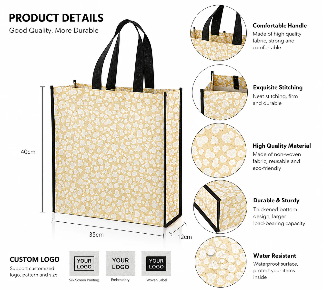 Premium 130g Laser Non-woven Tote, Custom Eco-friendly Shopping Bags with Logo for Promotion OEM