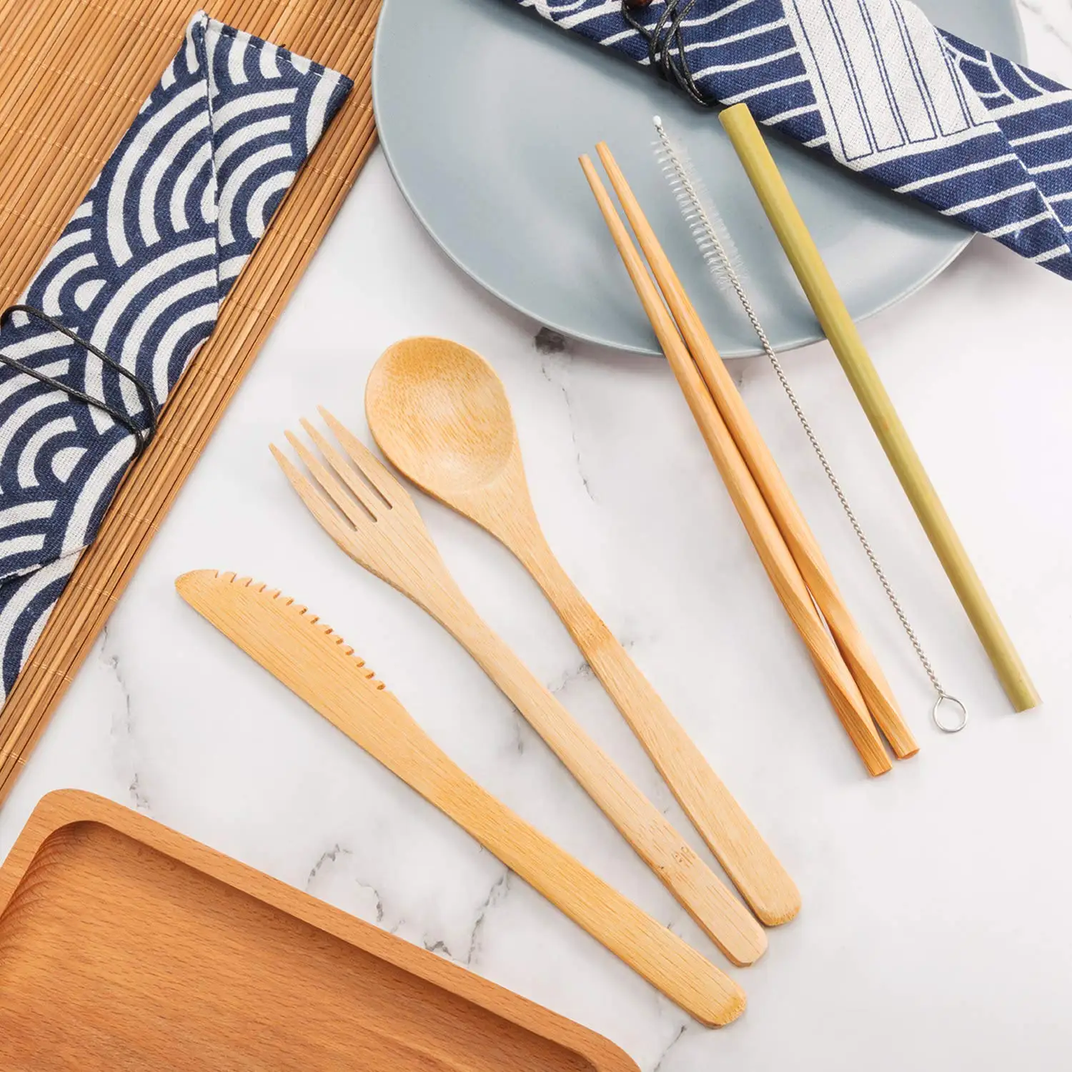 Reusable Bamboo Utensils Travel Cutlery Set With Case,Forks Knives Chopsticks Spoons Straws And