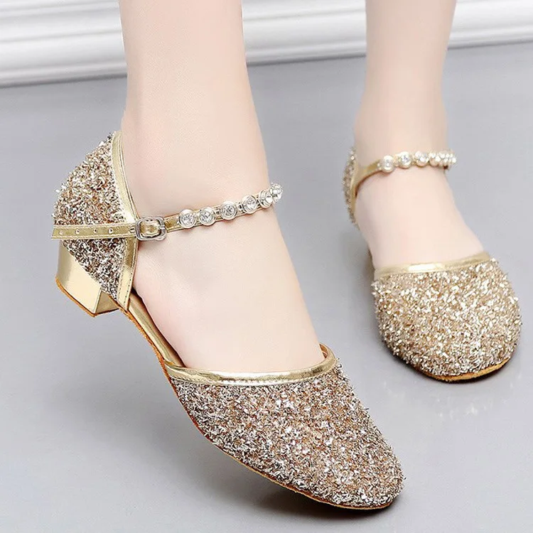 Little Girls Princess Shoes with Bowknot Pearl Leather Glitter Peep Toe Low Block Heel Single Shoes Buckle Sparkle Adorable Mary Jane Shoes Princess Party Dress Shoes