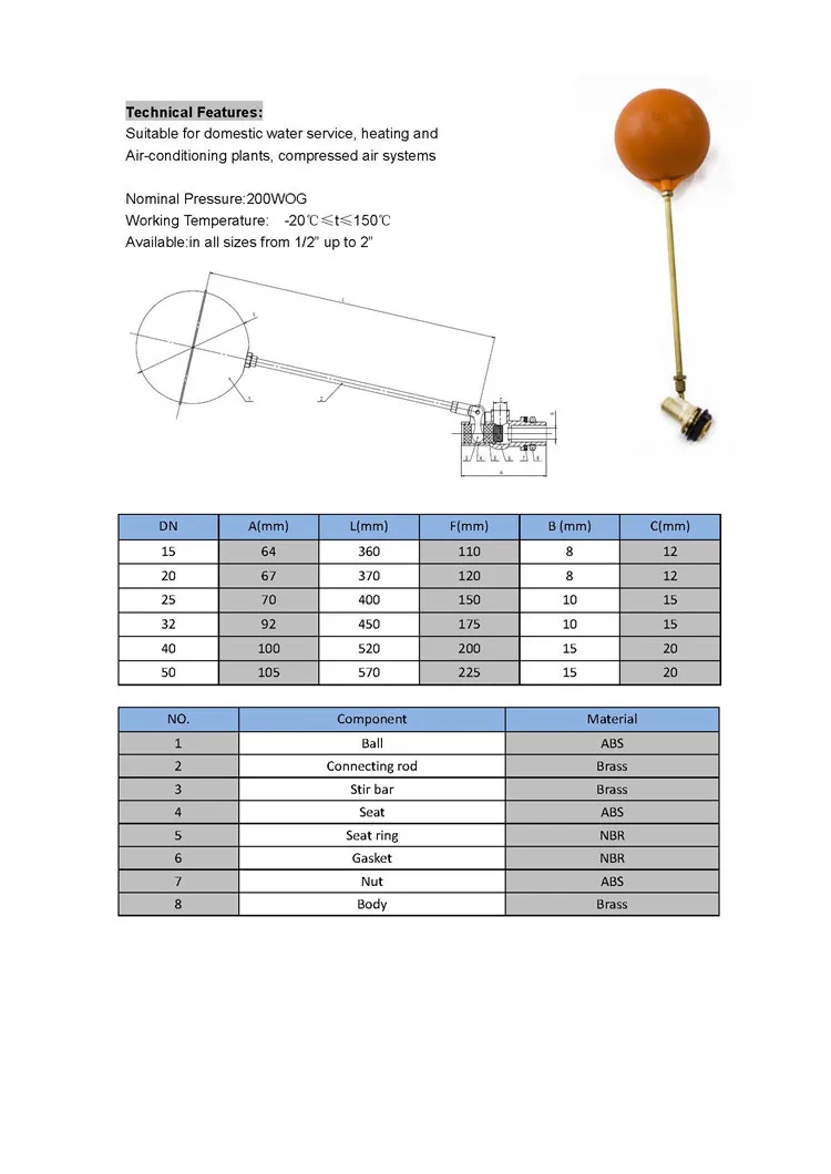 Custom Any Sizes Brass Water Tank Level Mechanical Float