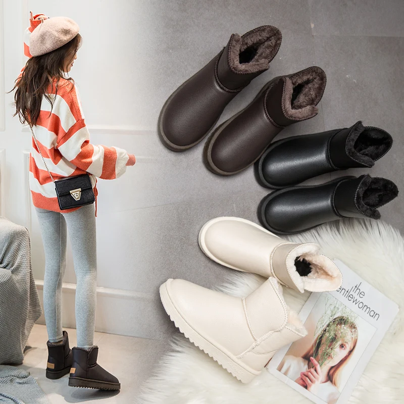 
Custom logo white comfortable winter waterproof leather snow boots for women 