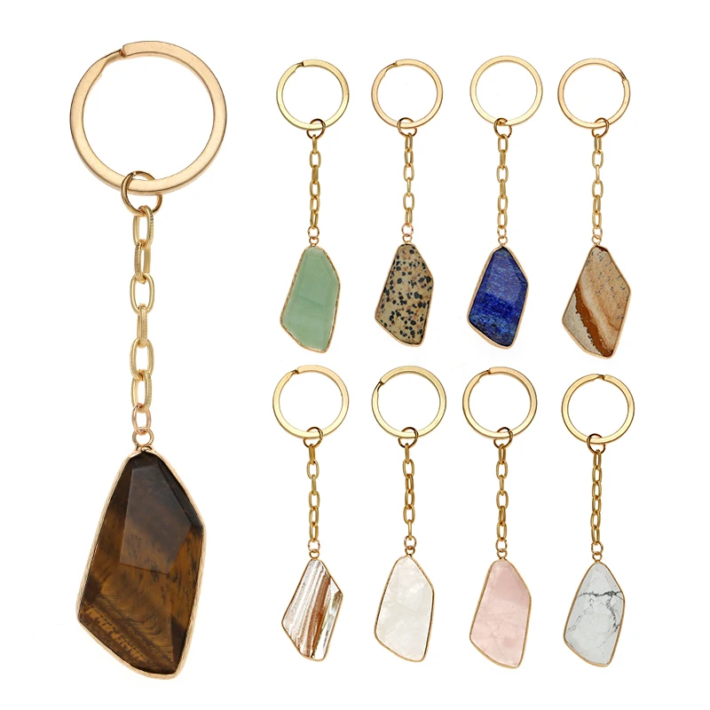 Fashion Gemstone Charm Pendant Keychains Healing Raw Rock Crystal Key