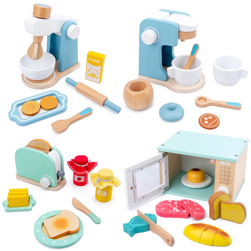 
Kids Wooden Pretend Play Sets Simulation Toasters Bread Maker Coffee Machine Blender Baking Kit Game Kitchen Real life Toys 