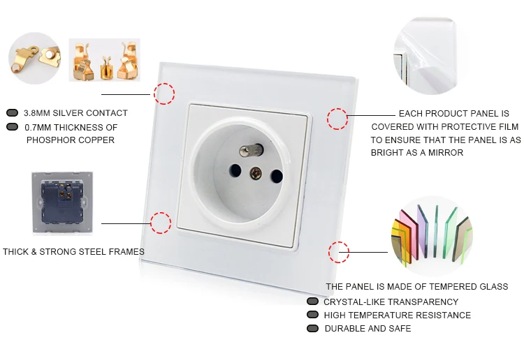 Wall Socket Receptacle French Type 110250v 16a White / Black Glass