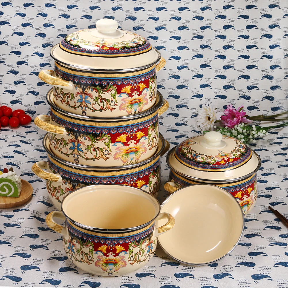 High Quality Vintage Enamel Travel Cookware Pots Enamel Camping Pot 5 Pcs Enamel Casserole Pot