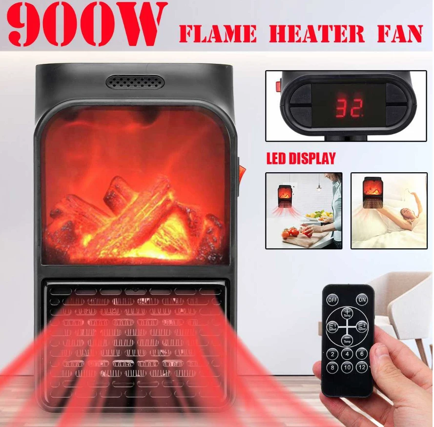 900W Air Warmer with Remote Control PTC Ceramic Heating Stove Radiator Household Mini Electric Wall-outlet Flame Heater