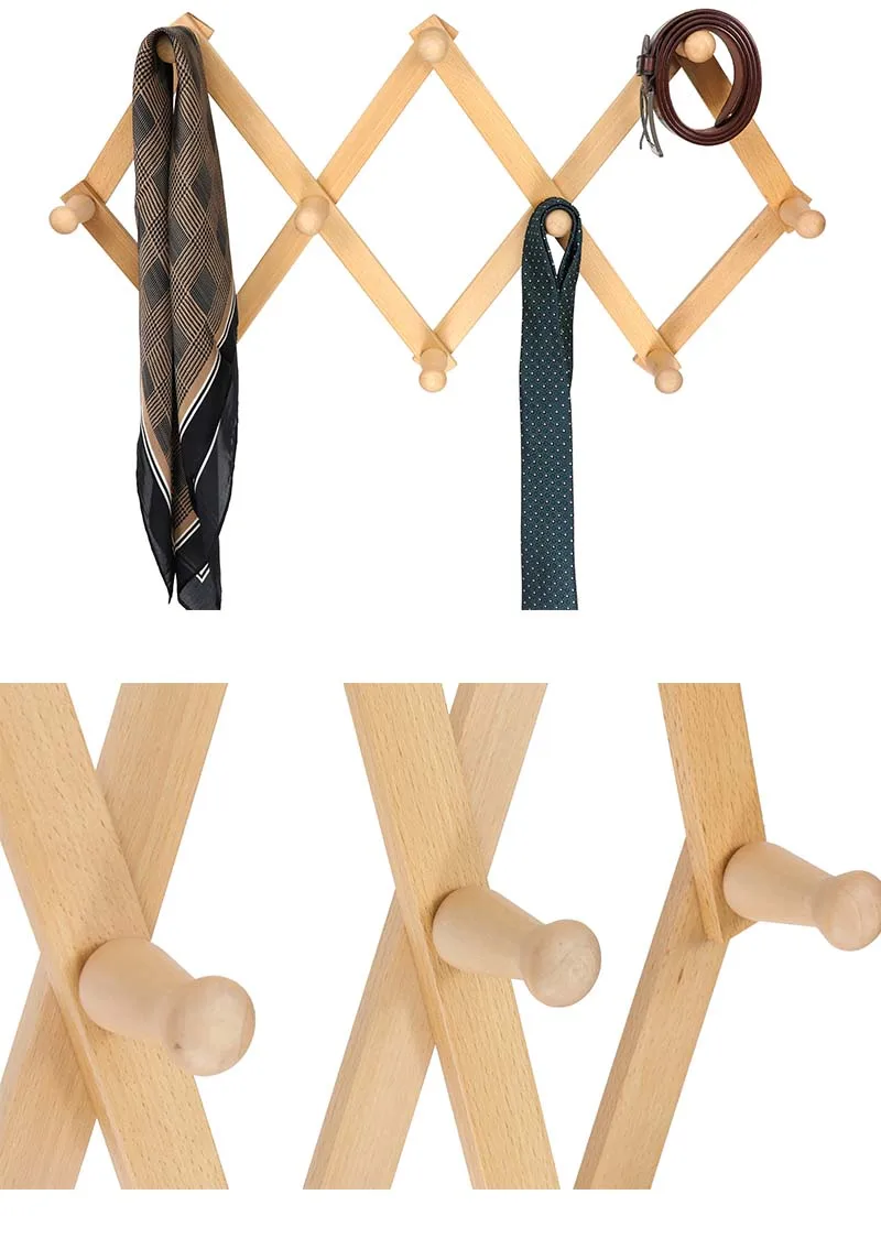 Natural Solid Wood Foldable Door Hook Wall Mounted Organizer Hangers Handmade Craft Hat Rack
