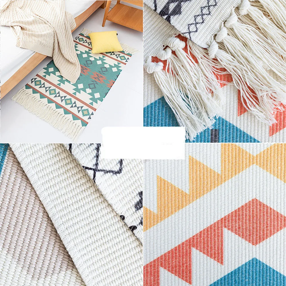 Cotton Printed Boho Kitchen Rugs Decorative Black And White Rug Hand