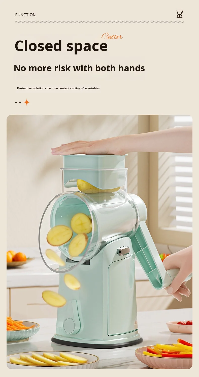 Multifunctional PP Drum Vegetable Slicer Hand-Cranked Fruit/Vegetable Tool with Multiple Blade Heads Safe Usage