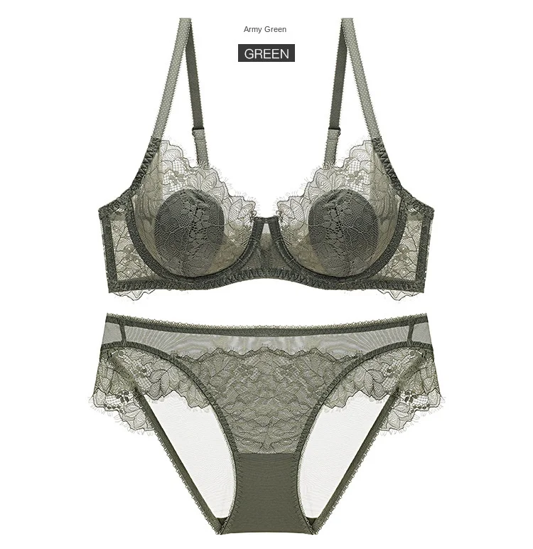 Women's Sexy Lace Thin Transparent Bra Set Large Size Wire-Free Support Adjusted Straps Breathable Solid Pattern Waist Thongs