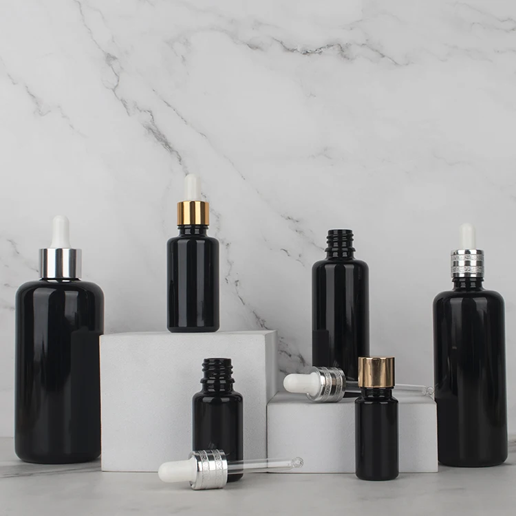 Customized empty essential oil glass 200ml 100ml 50ml 30ml 15ml 10ml cosmetic black  packing dropper bottle supplier