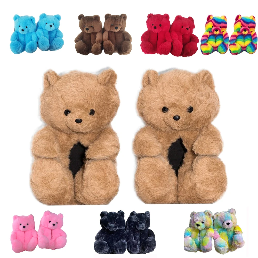 2021 Brown Teddybear Plush Teddy Bear Slippers House Shoes For Women ...