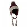 Peruvian Style Knit Ear Flap Ski Beanie Maroon Grey Cotton Acrylic Pom-Pom Warm Winter Hat Wholesale