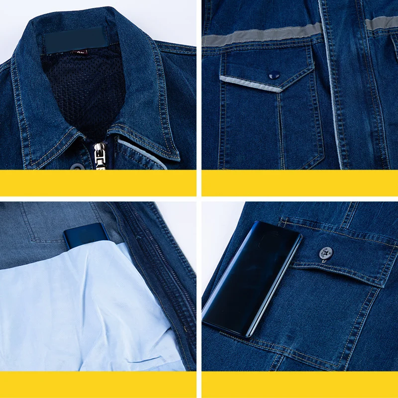Custom denim work clothes sets men's thin labor protection wear wear-resistant electric welding elec