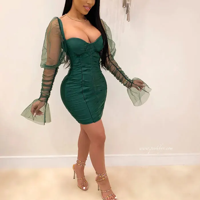 
Club Dress Mesh Flare Sleeve Backless Mini Dress Strapless Black Long Sleeve Low Cut Solid Color See Through Women Dress 