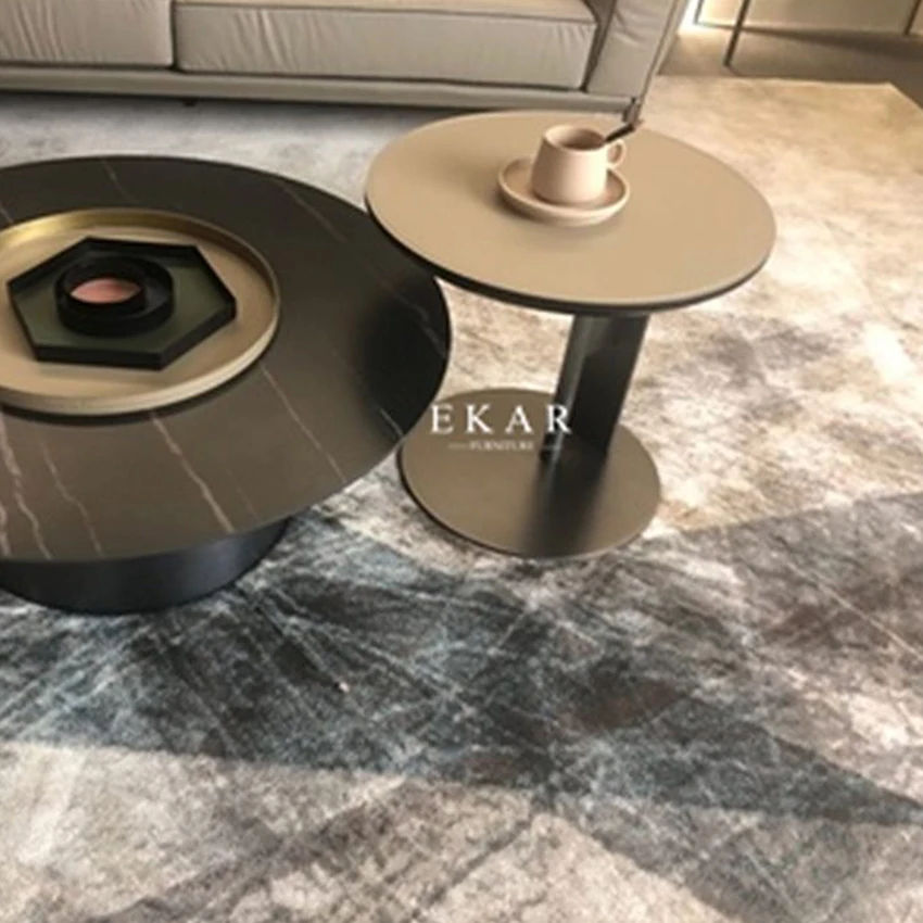 product nordic luxury modern style home furniture stainless steel base round side table corner coffee tables with leather top-61