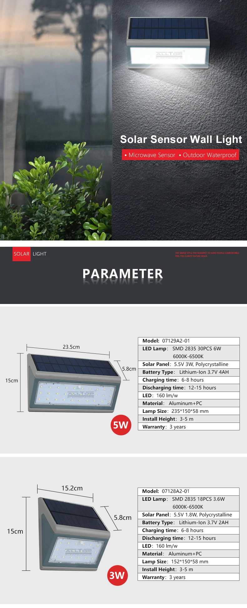 ALLTOP High quality facade lighting ip65 outdoor waterproof 3w 5w led solar garden light