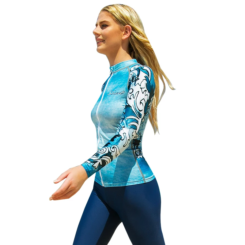Women Sublimation Printed Long Sleeve Rash Vest Upf50+ Chlorine Resistant Rashie Front Zipper