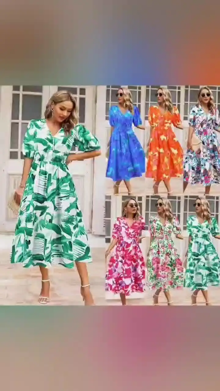 0611Spring Casual Tunic Midi Dress for Women Puff Sleeve Empire Lace  Dresses Women's Fashion Dresses Clothes Women