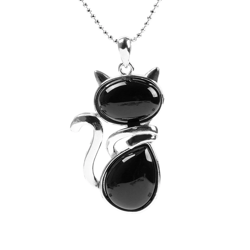 VATT Natural Stone Cute Cat Shape Pendant Fit Necklace Pink Quartz Black Onyx Beads with Chain for Girls Women Jewelry Gift 