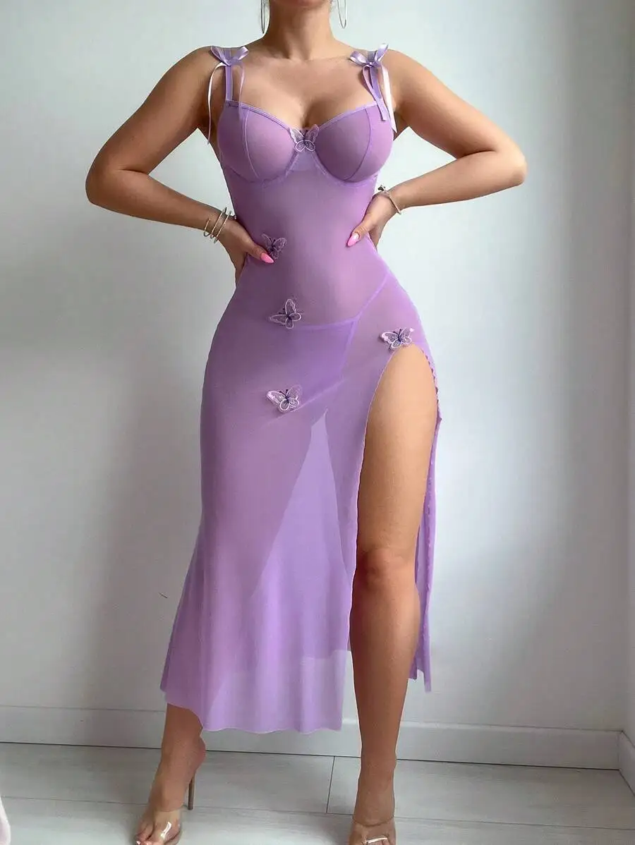 European American New Style Sexy Women's Mesh Lace Backless High-Slit Lingerie Set Light Breathable