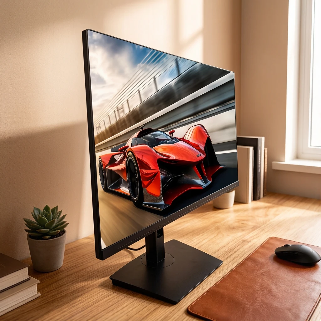 Close-up of a 32-inch 6K monitor showing pixel grid and color gradient test pattern