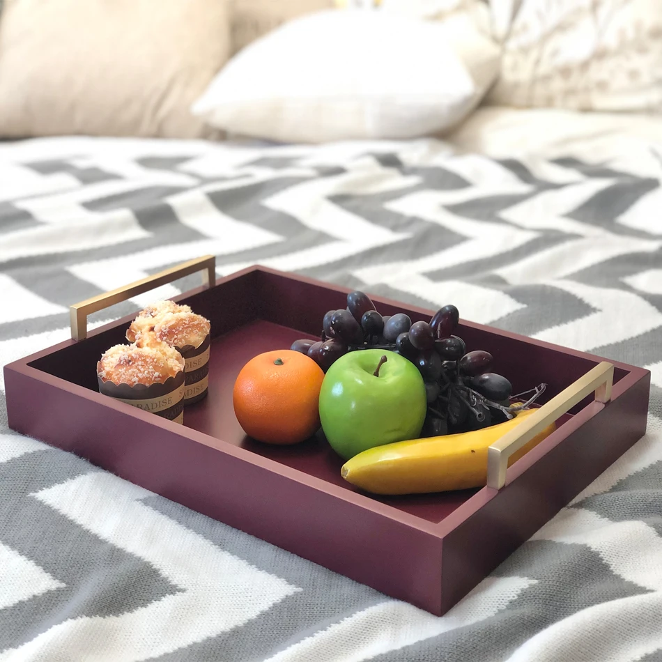 2021 New arrival decorative serving wood Ottoman tray with metal handle for living room, kitchen