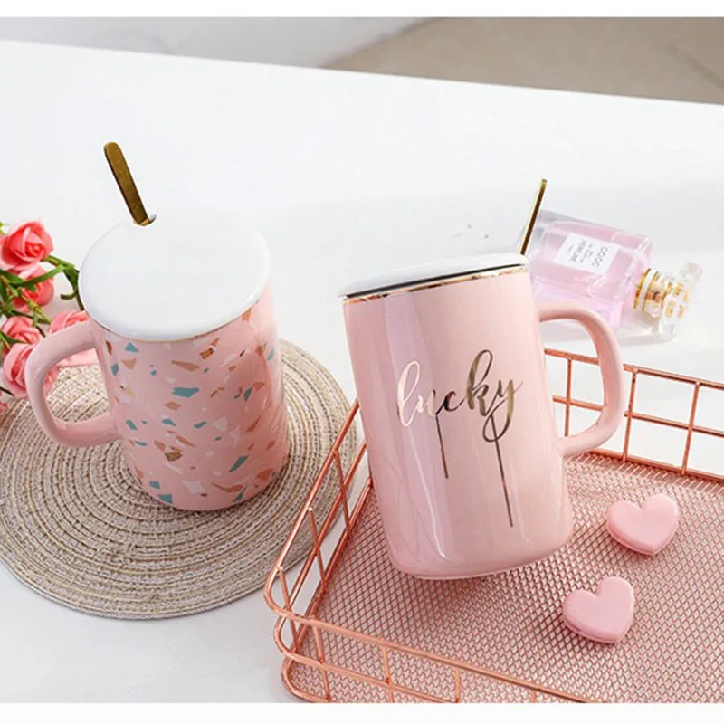 Wholesale New Design Pink Color 4pcs Set Coffee Mug With Lid And Spoon