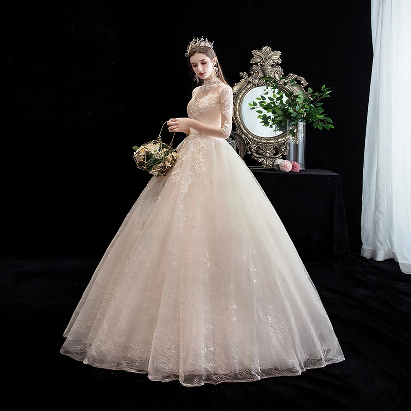 2019 Autumn New arrival Elegant Champagne lace Long Sleeve Plus size high neck Floor Length Bridal Wedding Dress