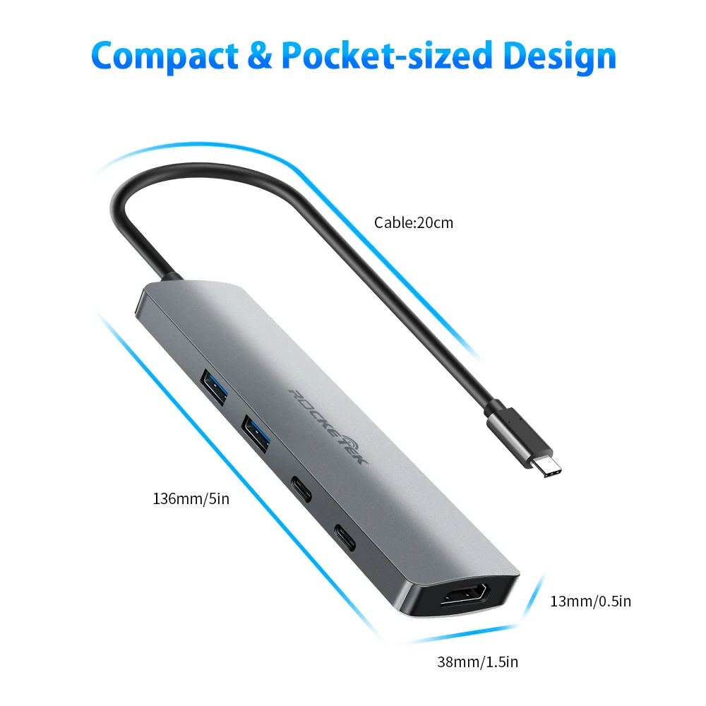 Rocketek Aluminium 8 In 1 Usbc Adapter Pd Charging 4 Ports Usb3.0