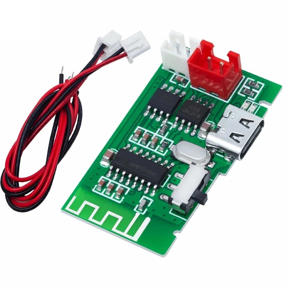 Close-up of a compact 3.7V Bluetooth amplifier module with labeled components: micro-USB port, speaker terminals, and status LEDs